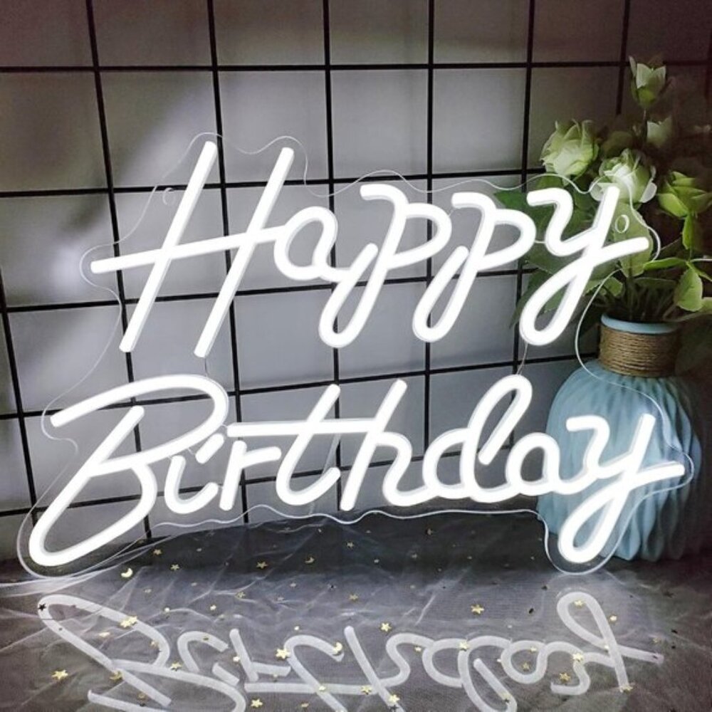 New Happy Birthday Neon Sign, White LED Wall Light for Party, Backdrop & Decor